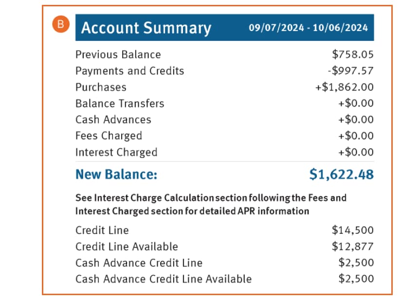 Account summary section of a Discover<sup>®</sup> credit card statement with numbers for payments, credits, interest, and other categories. 