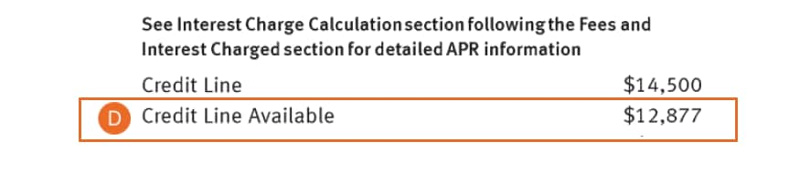 Example highlighting the credit line available section of a Discover<sup>®</sup> credit card statement.