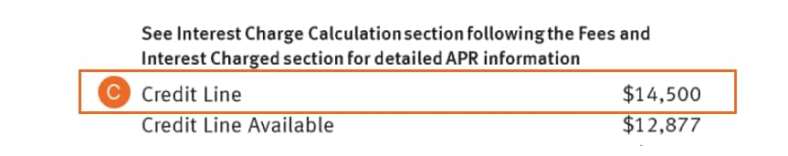 Example showing the credit line information on a Discover<sup>®</sup> credit card statement.