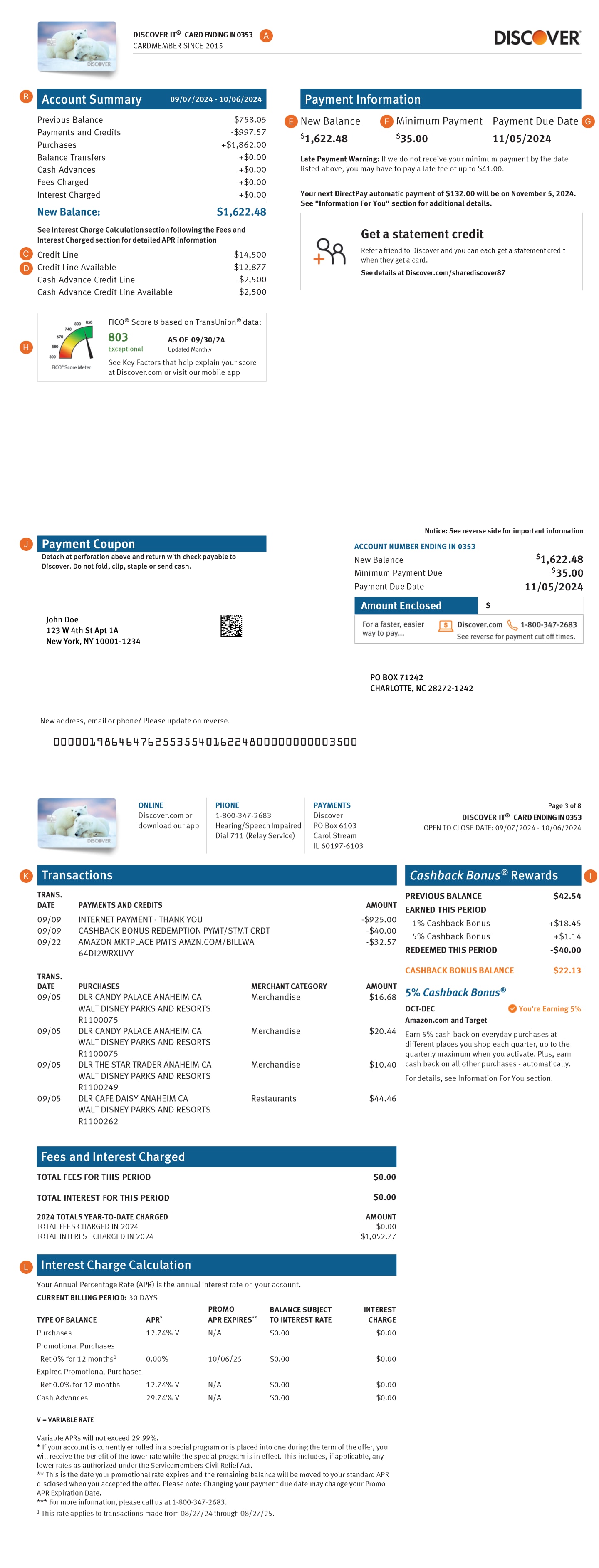 Example of a Discover<sup><sup>®</sup></sup> Card billing statement.