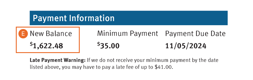 Payment information section of a Discover<sup>®</sup> credit card statement with the new balance highlighted.