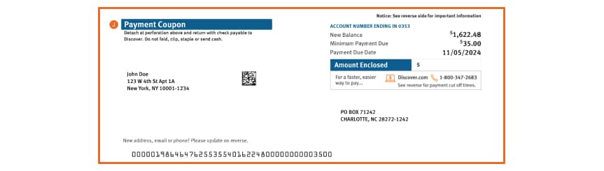 A payment coupon found in a Discover<sup>®</sup> Card statement, including the amount due and due date.