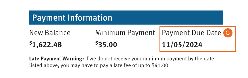 The payment due date highlighted in the payment information section of a Discover<sup>®</sup> credit card statement.