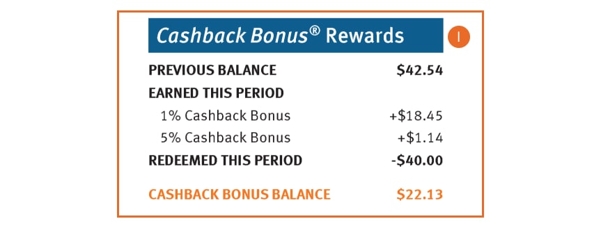 Example of the Cashback Bonus<sup>®</sup> Rewards section found in a Discover<sup>®</sup> Card statement.