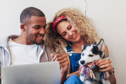 A young couple looks over documents on their laptop while also playing with their husky puppy.