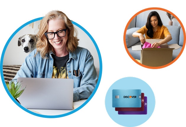 Collage of 3 images: woman shopping online with her virtual credit card; another woman opens a cardboard box at home; a stack of 3 Discover® credit cards.