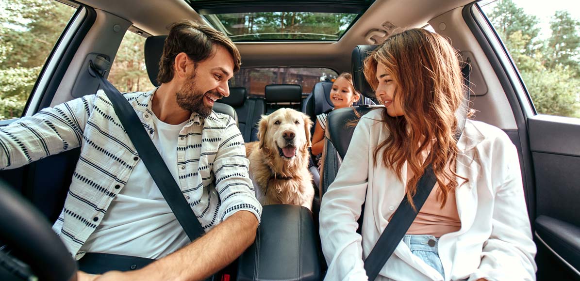 Image of a family and their dog in the car ready for a roadtrip
