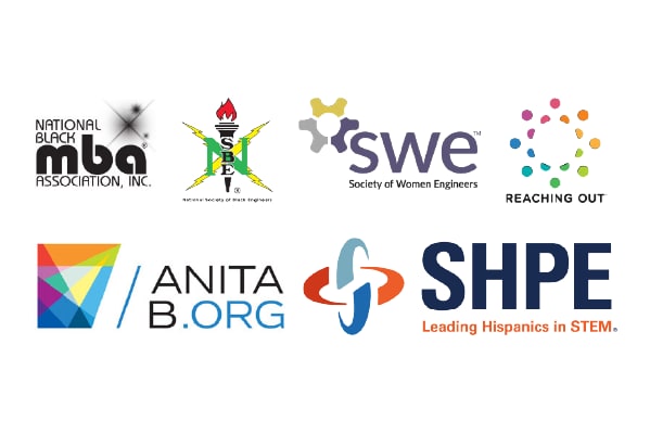 Collection of logos including: National Black MBA Association, Inc., National Society of Black Engineers, Society of Women Engineers, Reaching Out, Anitab.org, and SHPE: Leading Hispanic in STEM.